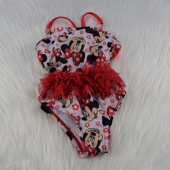 🎯5/$30 Disney Minnie Mouse Red Ruffle Swimsuit Beach Swim 3/6 Mos - Picture 2 of 5
